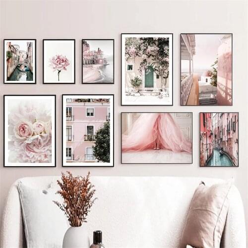 Italy Venice City Building Landscape Wall Art Canvas Painting Pink Flower Prints Nordic Poster Wall Pictures Living Room Decor