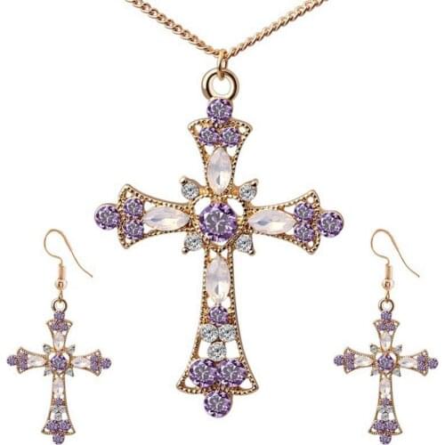 Exquisite Women Rhinestone Inlaid Cross Pendant Chain Necklace Hook Earrings Jewelry Set for Women
