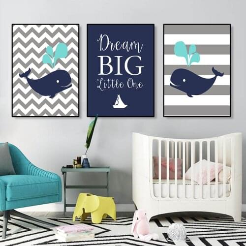 Dream Big Little One Whale Nautical Nursery Canvas Printings Animals Wall Art Picture Poster Print Boys Kids' Room Home Decor