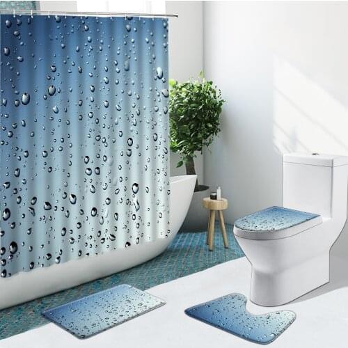 Creative Water Drop Blue Background Geometric Bathroom Set Shower Curtain Non-Slip Rugs Flannel Toilet Carpet Cover With Hooks