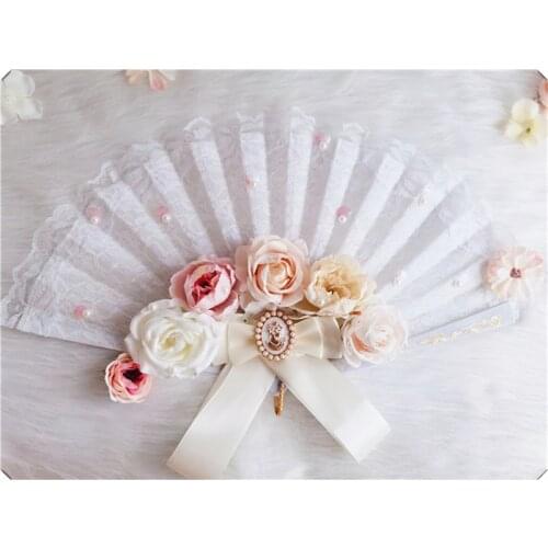 Fashion Vintage White Lace Fan Handmade Lolita Flowers Harajuku Gothic Photo Shoot Studio Wedding Bridal Bouquet Handheld Prop