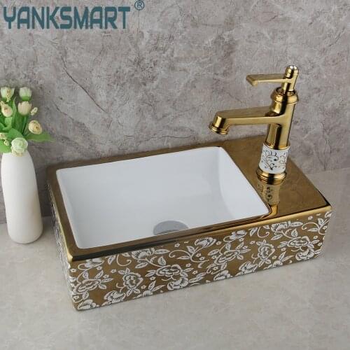Bathroom Sink Set Lavabo Art Pattern Gold Ceramic Vessel Basin With Brass Faucet Single Handle Deck Mounted Mixer Tap