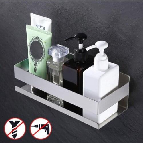 Wall Mount Shelf,Kitchen Wall Mount Shelf Self Adhesive Punch Free Spice Storage Rack Bathroom Stainless Steel Shampoo Organizer