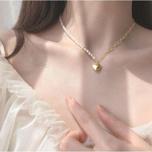 New S925 Half Pearl Half Chain Love Pendant Necklace Female Temperament Simple Elegant Clavicle Chain