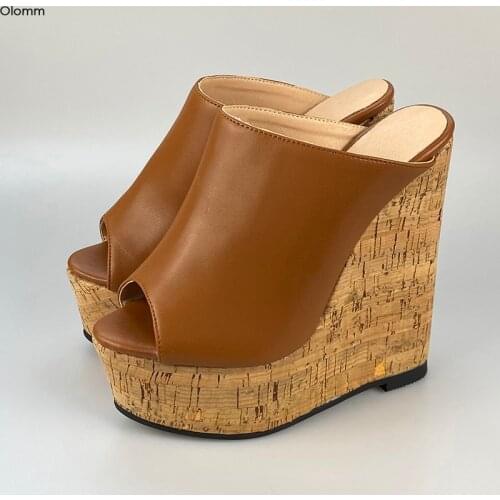 Olomm New Arrival Women Summer Slingback Sandals Wedges Heels Open Toe Gorgeous Brown Yellow Beach Shoes Women US Plus Size 5-20