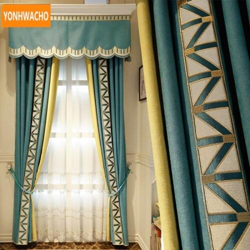 Custom curtains modern minimalist living room solid mosaic Nordic cotton blue cloth blackout curtain tulle valance drape B401