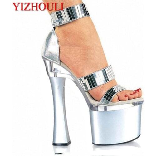 Summer 7 inch high heel shoes for women pole dancing sandals 18cm silver Platform Strappy High Heels Party Dance Shoes