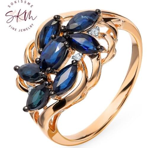 SKM Vintage sapphire rings flower rings for women 14k rose gold Engagement wedding rings gift for wife Fine Jewelry