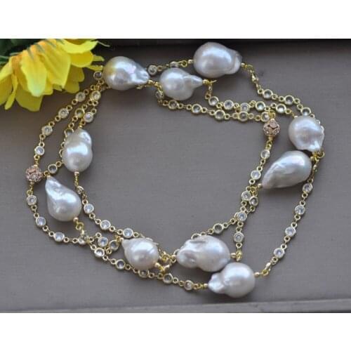 Z11072 46" 25mm White Baroque Drop Pearl CZ Chain Necklace