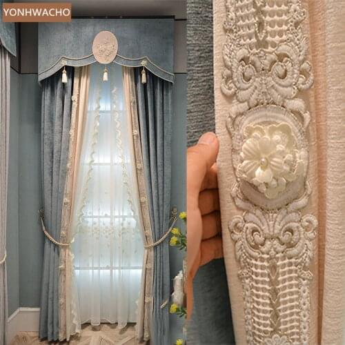 Custom curtain European splicing living room study balcony velvet blue thick cloth blackout curtain valance tulle panel C731