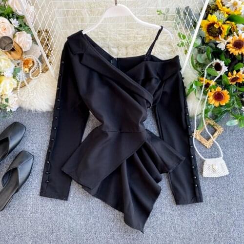 Womens Temperament Beaded Full Shirt Off-Shoulder Irregular Notched Office Lady Blusa Solid Tops Female Blouses Y670