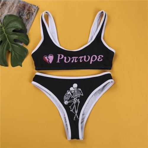 2021 Women’s Two Piece Funny Print Bikini Suits Letter Suspender Tops And Skeleton Print Mid-waist Thong Sexy Summer Swimsuit