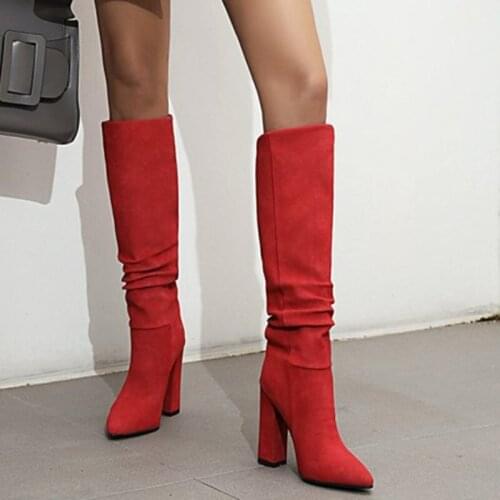 Big Size 43 Solid Knee High Pointed Toe Chunky High Heel Women Boots Soft Suede Upper Slip-on Long Booties For Ladies