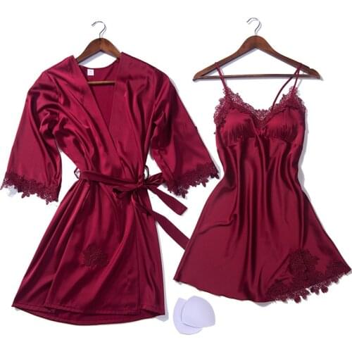 2018 New Women Summer Robe Gown Sets Ice Silky like Luxury Elegant Padded Nightdress & Bathrobe 2pcs Lounge Sleep Red Nightwear