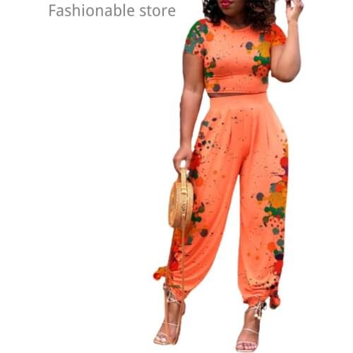 Women Casual Printed Short Sleeve Crop Top and High Waist Pants 2pcs Set Plus Size