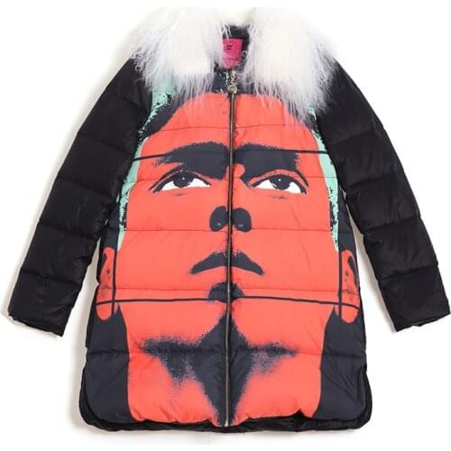 Women Winter Natural Wool Fur Collar Hooded Down Jacket Female Fashion Print Zipper Long Coat Warm Parka Casual Outerwear LY628