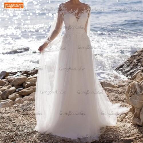 Elegant Ivory wedding gown 2021 vestido de noiva Long Puff Sleeves Custom Made robe de mariée A LINE Tulle Appliques Bride Dress