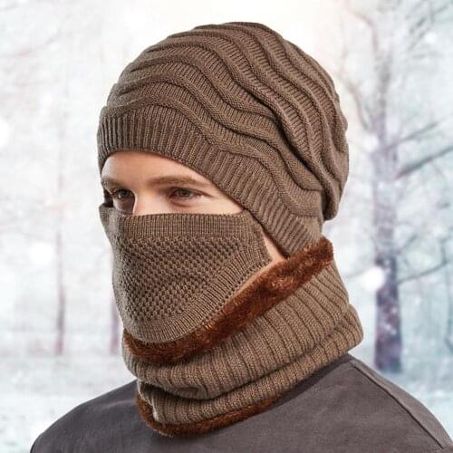 Winter Fashion Men Hat Scarf Mask Set Outdoor Cycling Plush Thick Warm Knitted Hat Protect Face Neck Wool Beanies Ski Skull Cap