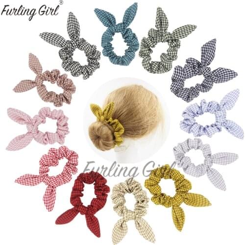 Furling Girl 1 PC Plaid Design Bunny Ears Hair Scrunchies Rabbit Ears Elastic Hair Bands Bowknot Hair Accessories Hair Bow