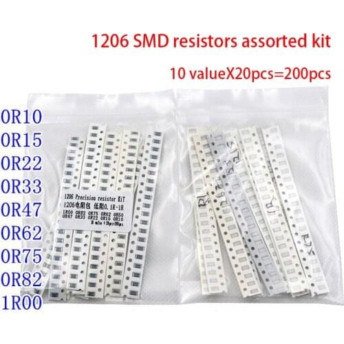 200PCS 1% 1206 SMD resistors assorted kit set ,10 valueX20pcs=200pcs 1R00 R820 R750 R620 R500 R470 R330 R220 R150 R100
