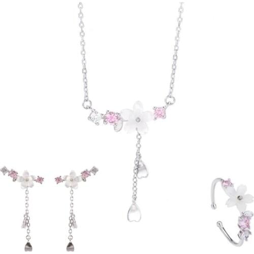 925 Sterling Silver Tassel Shell Cherry Blossom Charm Necklace Earrings Rings For Women Girls Party Jewelry Set Pendientes A020