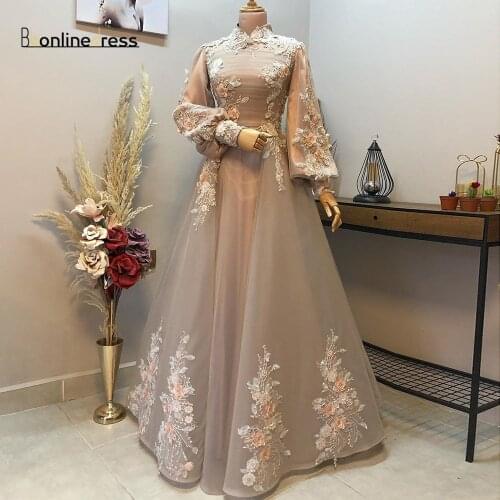 Bbonlinedress Moroccan Caftan Evening Dresses 3D Flower Appliques Formal Evening Dress Bishop Sleeve Arabic Muslim Party Dresses
