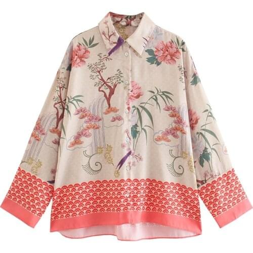 TRAF Women 2021 Fashion And Elegant Bird Flower Patchwork Printed Casual Blouse Single-Breasted Hem Asymmetric Shirt Streetwear
