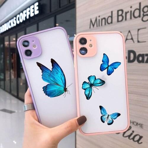 JAMULAR Cartoon Blue Butterfly Phone Case For iPhone 7 11 Pro 12 XS MAX X XR SE2020 8 6Plus Animal Hard Clear Cover Matte Fundas