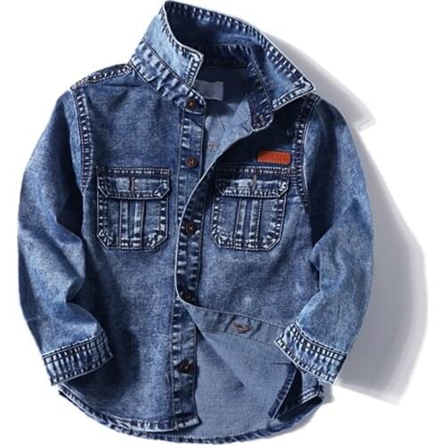 Boys Denim Shirts Slim Fit Deep Blue Shirts For Boy Fashion Kid Top Tees Spring Autumn Childrens Denim Shirt 2-8 Yrs