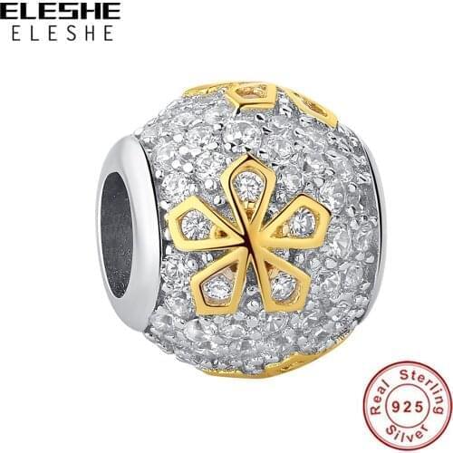 ELESHE Wholesale Gold Color Daisy Flower Charm 925 Sterling Silver with Dazzling CZ Round Bead Fit Bracelets for Women Jewelry
