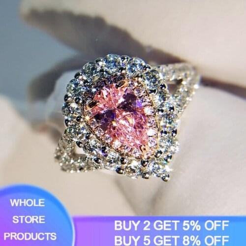 YANHUI Drop Shape Wedding Engagement Pink&White CZ Silver 925 Ring Size 5 6 7 8 9 10 Wholesale Romantic Nice Women Jewelry Gift