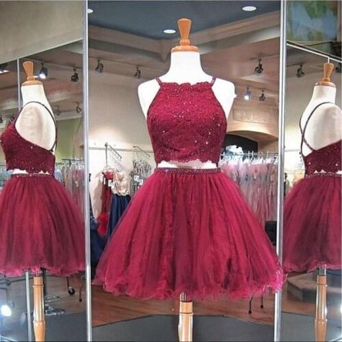 Short Burgundy Two Pieces Prom Homecoming Dresses with Spaghetti Straps Lace Beaded Sequins Graduation Formal Cocktail Dress