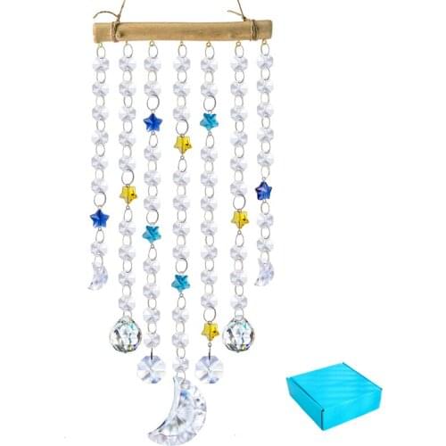 H&D Crystal Mobile Wind Chime Suncatcher Window Hanging Beads Chain with Moon Prisms Wall Art Ornament Rainbow Maker Home Decor