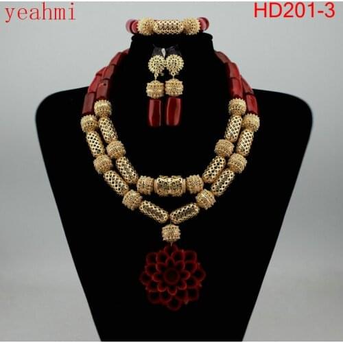 Fashion Jewelry Set African Coral Beads Exclusive Real Coral Pendant Bridal Necklace Set Copper Gold Accessory Free Ship HD201-1