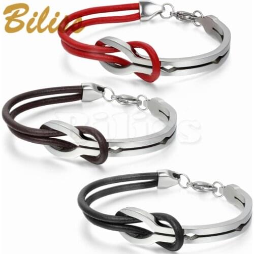 Fashion Mens Womens Red Black Brown Leather Stainless Steel Bracelet Infinity Cuff Bangle 8 inch pulseiras masculina femininas