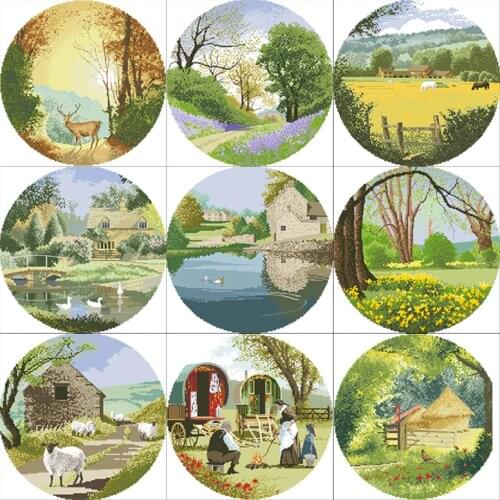High Quality Counted Cross Stitches Kit Landscape Series scenery Bluebell Meadow duck Daffodil sheep Gypsy Caravans Autumn Light
