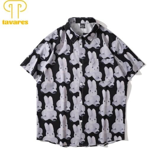 TAVARES Casual Shirts Men Summer Short Sleeve Shirt Women Hawaiian Beach Blouses Cute Kawaii Rabbits Vintage Gothic Streetwear