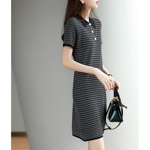 Simple dress black pinstripe lapel short sleeve high waist thin knitted dress women 2021 summer fashion womens clothing