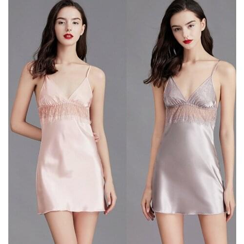 QUBILAH Ice Silk Pajamas Lace Suspenders Nightdress Summer Light Fun Fashion Sexy Pajamas Womens Thin Home Service Sleepwear