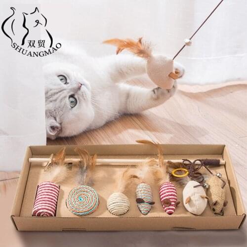 SHUANGMAO 7 Style/1 Set Pet Cat Hemp Rope Funny Interactive Stick Toys Kitten Mouse Fishing Game Wand Feather Supplies Accessory