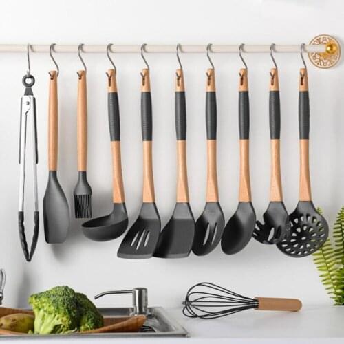 Silicone Kitchen Tools Cooking Sets Soup Spoon Spatula Non-stick Shovel With Wooden Handle Special Heat-resistant Design