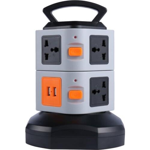 Tower Multi Power Strip Outlets Sockets with 2 USB Surge Protector Circuit Protection Extension Cord Vertical EU Plug 7 Way 10A