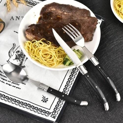 Ready stock wood handle black silver Stainless steel table knife fork spoon dessert spoon tableware cutlery silverware set