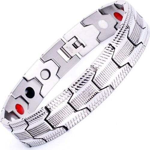 Wide 14mm Men Healthy Jewelry Stainless Steel Germanium Stone Chain Bracelet Magnet 22cm