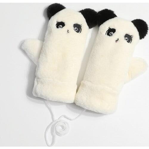 Women Fuzzy Plush Full Finger Gloves Cartoon Panda Rabbit Embroidery Warm Mitten H9ED