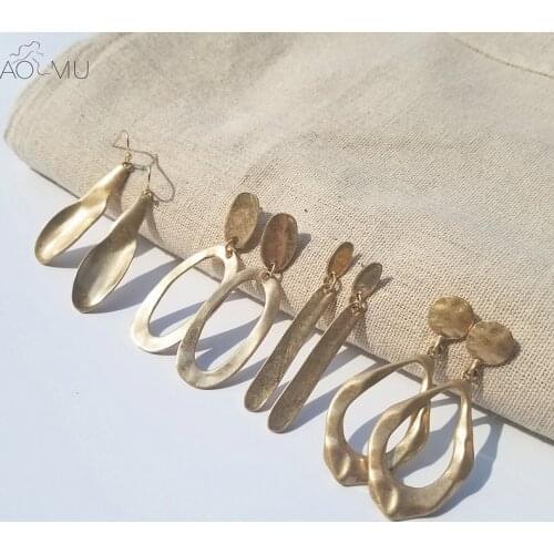 AOMU 2019 Design Vintage Exaggerate Irregular Fold Metal Round Oval Big Circle Earring Gold Thick Long Drop Earrings For Women