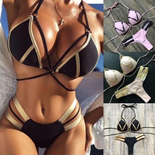 Women Sexy Lace Up Spliced Hollow Out Bikini Set Beach Swimsuit Padded Push-up Bathing Sunbathing Suit Two-Piece Suits