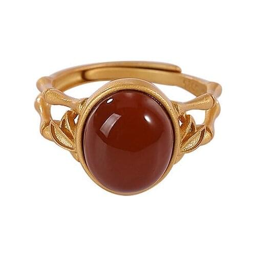 S925 sterling silver gold-plated southern red agate ring retro elegant bamboo leaf Womens Open ring