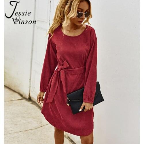 Jessie Vinson Velvet Vintage Women Dress Belted Long Sleeve Solid Corduroy Solid Dresses Autumn Winter Knee Length Dress Robe