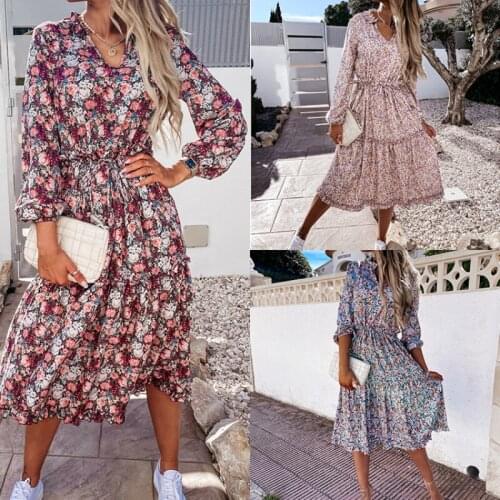 Vintage Floral Print Mid-Calf Dress Women Boho Long Sleeve V-neck Large Elegant Patchwork Office Lady Autumn Ladies Midi Dresses